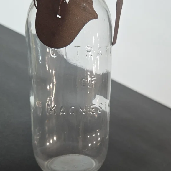 Vintage Medicine Clear Glass Bottle with Brown Metal Tin Tag Charms Bud Vase - Picture 2 of 9